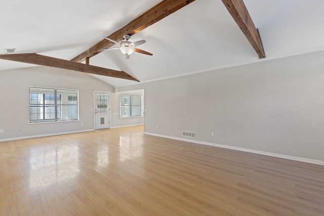 unfurnished living room featuring visible vents, a ceiling fan, lofted ceiling with beams, light wood-style floors, and baseboards