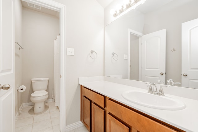 bathroom with tile patterned flooring, visible vents, baseboards, toilet, and vanity