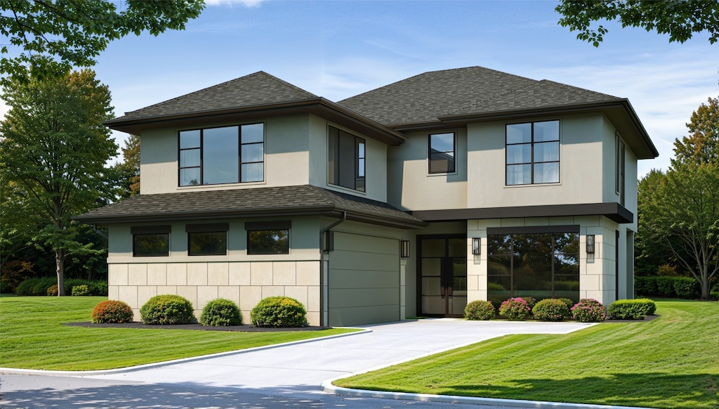 view of front of home with a shingled roof, a front yard, stucco siding, a garage, and driveway