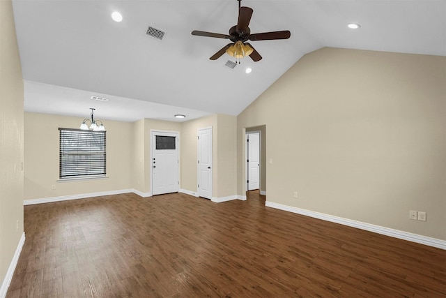 unfurnished living room featuring baseboards, visible vents, dark wood finished floors, recessed lighting, and ceiling fan with notable chandelier