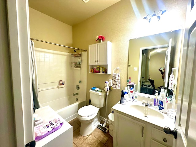 bathroom with toilet, a textured wall, tile patterned floors, vanity, and shower / bathtub combination with curtain