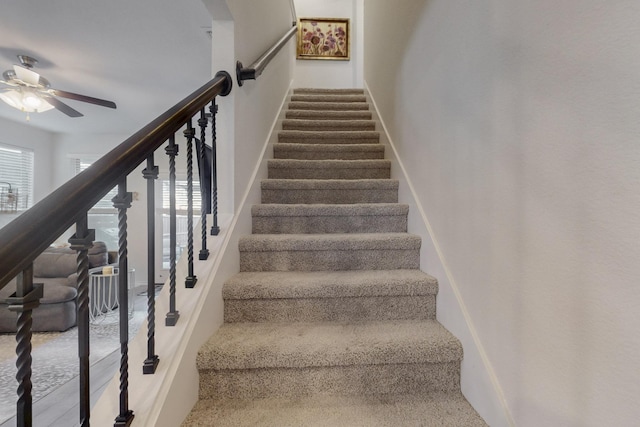 stairs with a ceiling fan