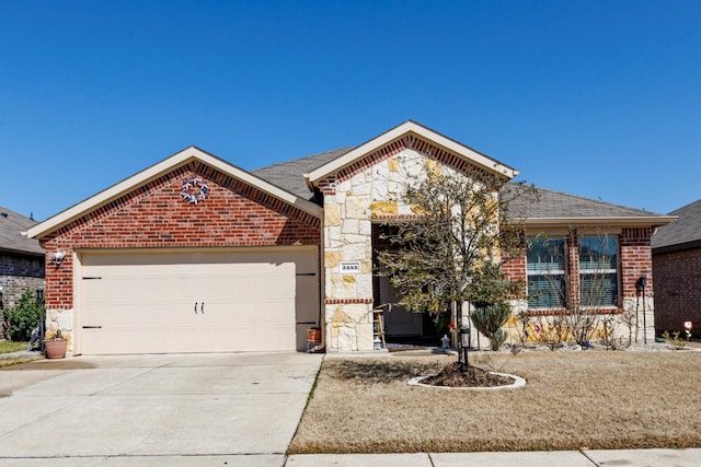 view of front facade with brick siding, a shingled roof, concrete driveway, a garage, and stone siding