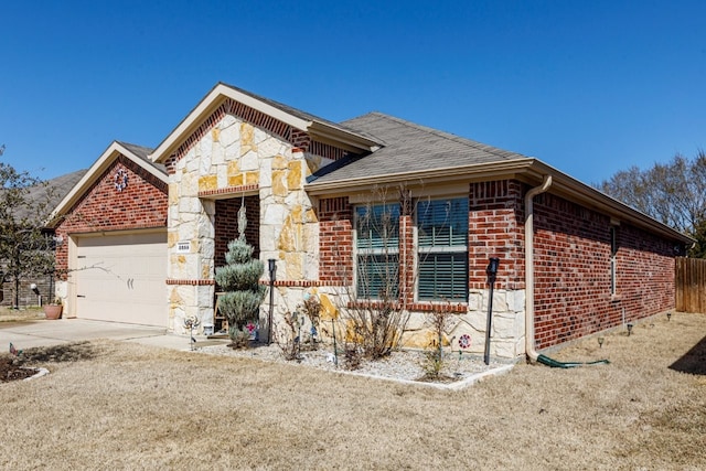 view of front of property with brick siding, concrete driveway, roof with shingles, stone siding, and an attached garage