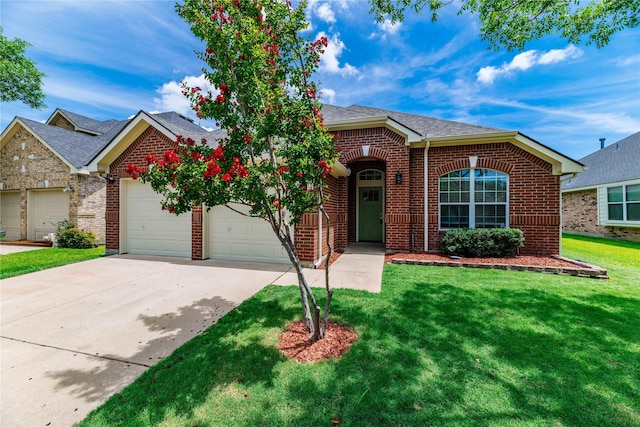 ranch-style house featuring driveway, an attached garage, a shingled roof, a front lawn, and brick siding