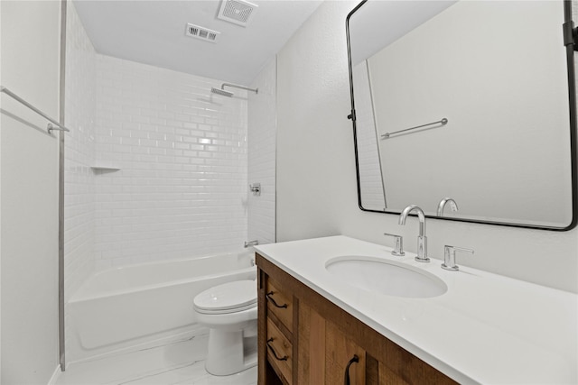 full bath featuring vanity, toilet, visible vents, and shower / bath combination