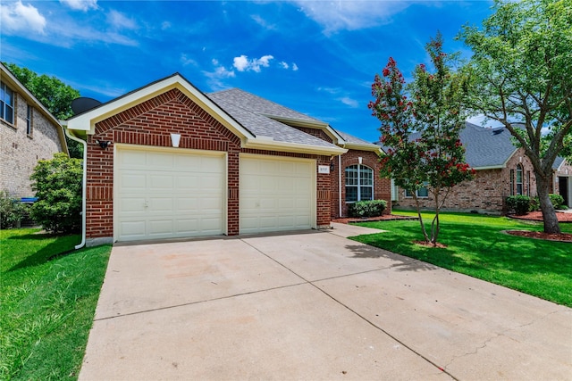 single story home with brick siding, concrete driveway, a front yard, roof with shingles, and an attached garage