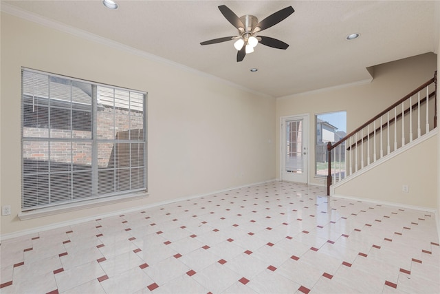 interior space with crown molding, stairway, and baseboards