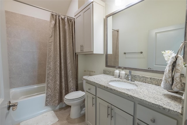 bathroom featuring vanity, shower / bath combination with curtain, toilet, and tile patterned flooring