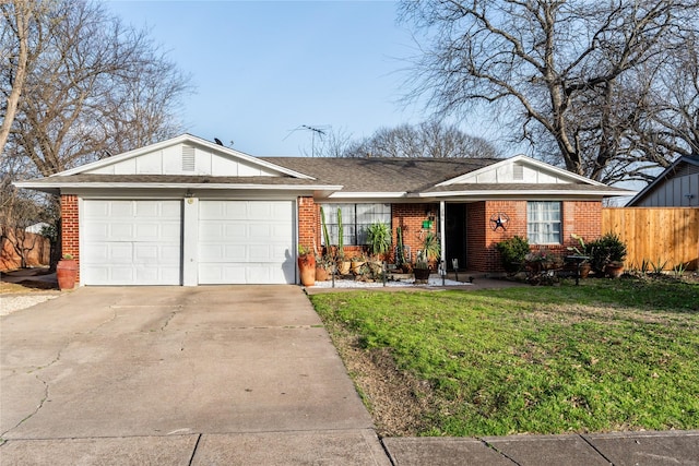 1306 N Floyd Rd, Richardson, TX 75080 - ranch-style house with a front yard, fence, an attached garage, concrete driveway, and brick siding