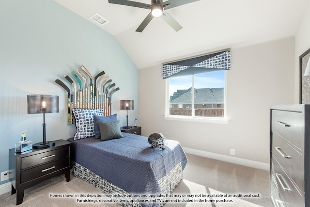 carpeted bedroom featuring lofted ceiling, baseboards, visible vents, and ceiling fan