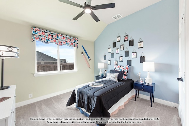 bedroom with visible vents, baseboards, carpet, lofted ceiling, and a ceiling fan