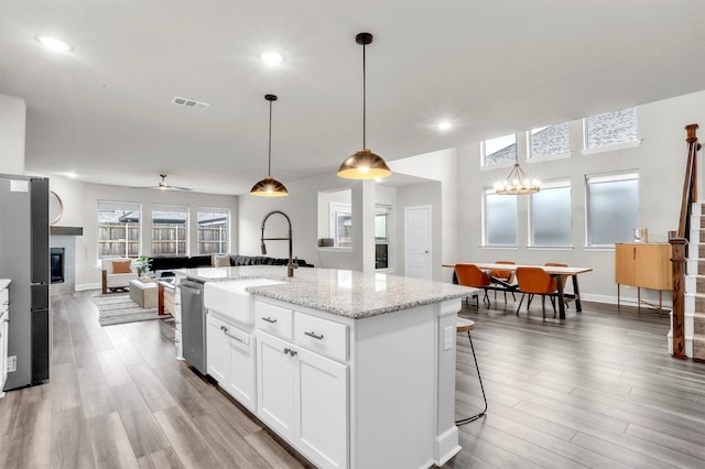 kitchen with wood finished floors, visible vents, a sink, stainless steel appliances, and a glass covered fireplace