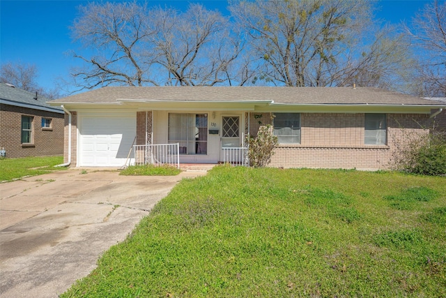 ranch-style home with a front lawn, a porch, concrete driveway, a garage, and brick siding