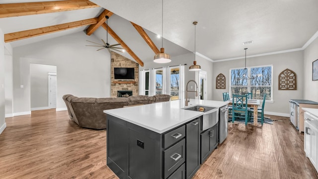 kitchen featuring dark cabinets, a stone fireplace, light wood-style flooring, and light countertops