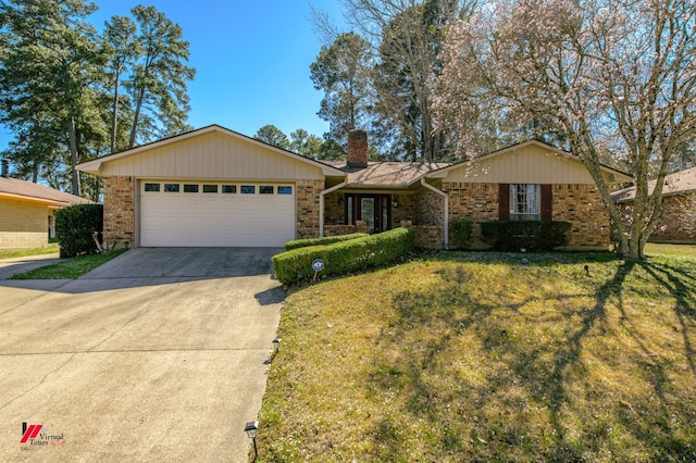 single story home featuring a garage, a front yard, concrete driveway, and a chimney