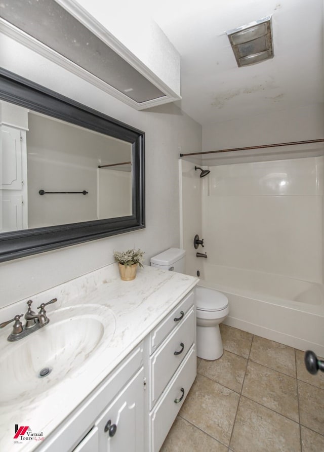 bathroom featuring vanity,  shower combination, toilet, and tile patterned floors