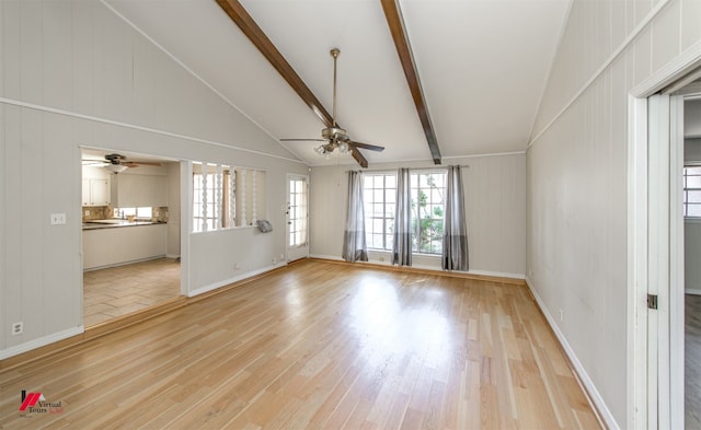 unfurnished living room with beamed ceiling, high vaulted ceiling, a ceiling fan, and light wood finished floors