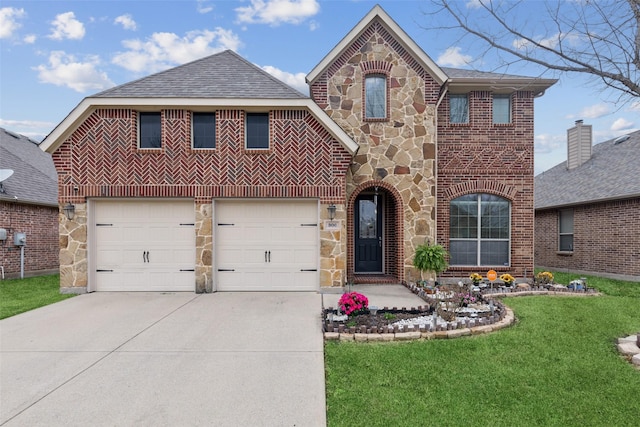 view of front of property featuring driveway, a front lawn, stone siding, roof with shingles, and brick siding