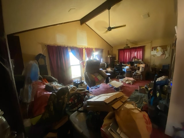 misc room with lofted ceiling with beams and a ceiling fan