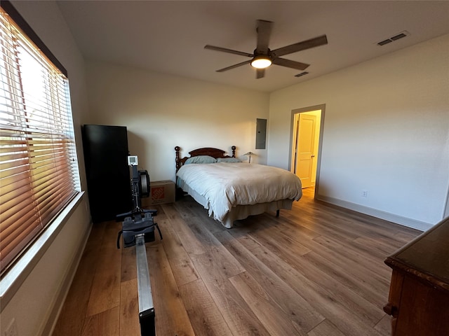 bedroom featuring electric panel, visible vents, baseboards, and wood finished floors