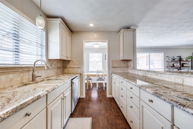 kitchen featuring a sink, light stone countertops, dark wood-type flooring, and stainless steel dishwasher