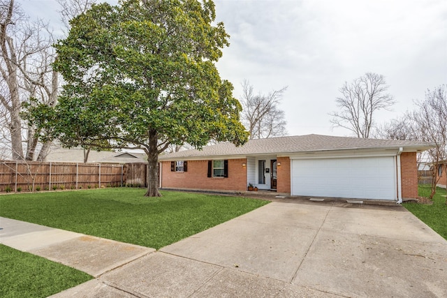 single story home featuring a garage, brick siding, concrete driveway, and a front lawn