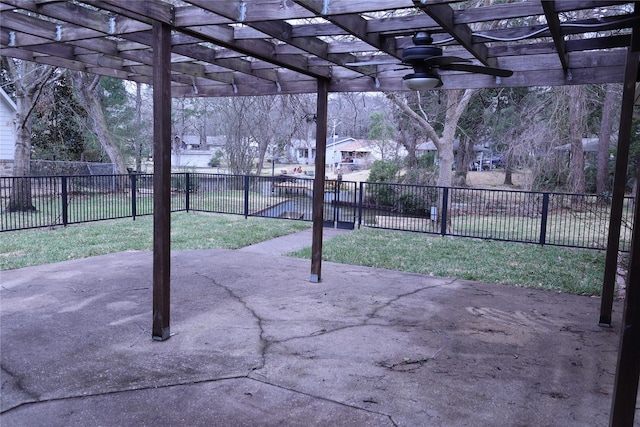 view of patio featuring a pergola and fence