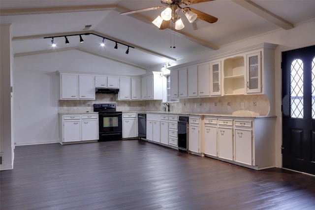 kitchen with tasteful backsplash, under cabinet range hood, lofted ceiling with beams, black appliances, and open shelves