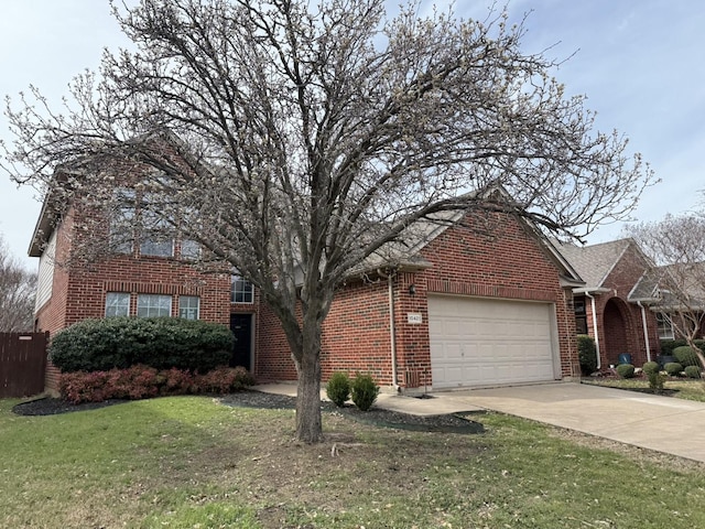 view of front of house featuring concrete driveway, brick siding, a garage, and a front lawn