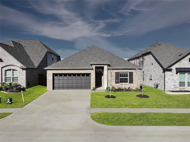 french country home featuring a front yard, driveway, a shingled roof, a garage, and brick siding