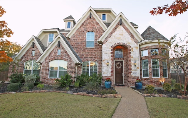 view of front of home with brick siding, stone siding, and a front lawn