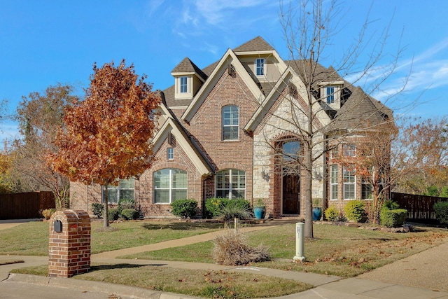 view of front facade with brick siding, roof with shingles, a front lawn, and fence