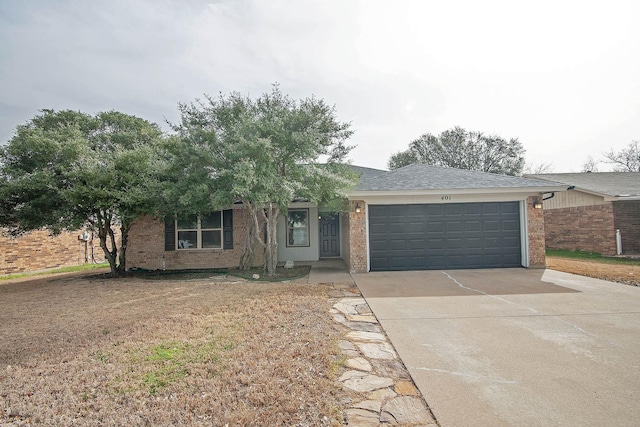 ranch-style home with a garage, brick siding, roof with shingles, and driveway