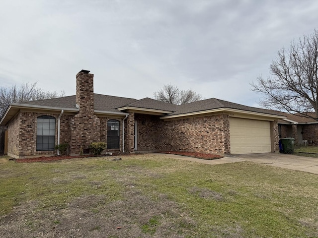 ranch-style house with a front yard, driveway, a chimney, a garage, and brick siding