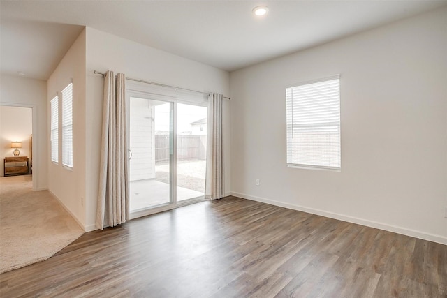 spare room featuring baseboards, plenty of natural light, and wood finished floors