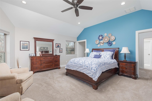 carpeted bedroom with visible vents, recessed lighting, a ceiling fan, and vaulted ceiling