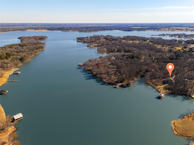 aerial view featuring a wooded view and a water view