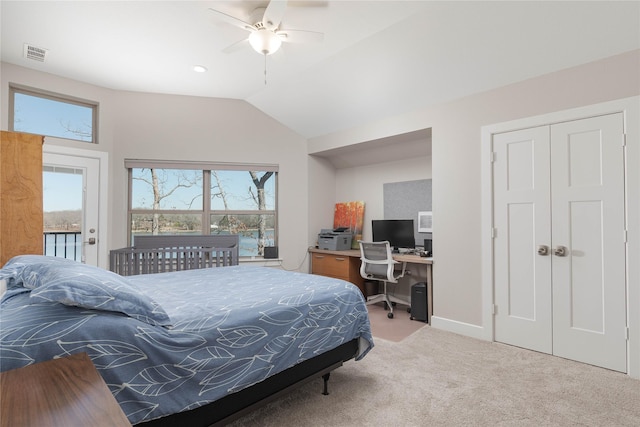 carpeted bedroom with visible vents, access to exterior, baseboards, lofted ceiling, and ceiling fan