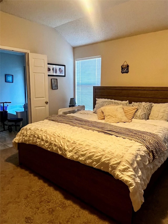 bedroom featuring a textured ceiling, carpet, and vaulted ceiling