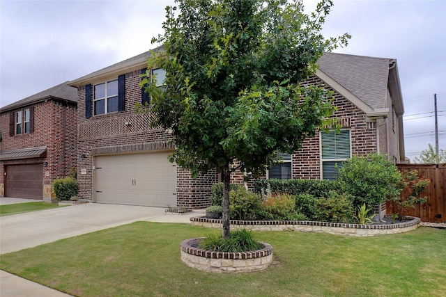 view of front of home with brick siding, driveway, a front lawn, and a garage