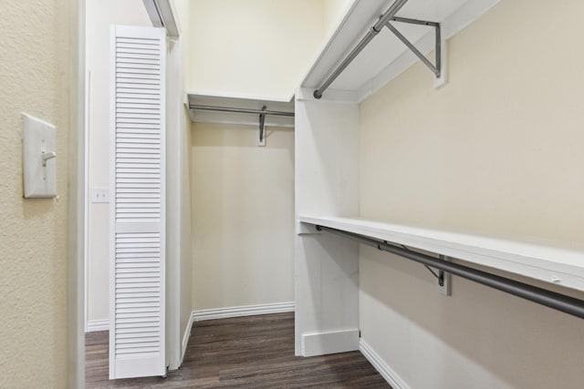 walk in closet with dark wood-style flooring