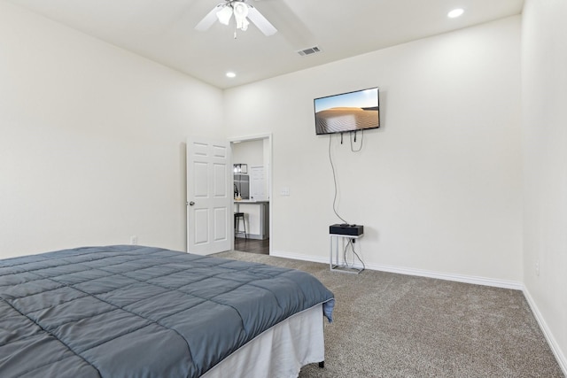 carpeted bedroom featuring recessed lighting, visible vents, baseboards, and ceiling fan