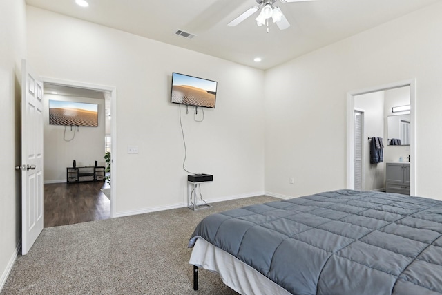 bedroom featuring recessed lighting, visible vents, carpet floors, and baseboards