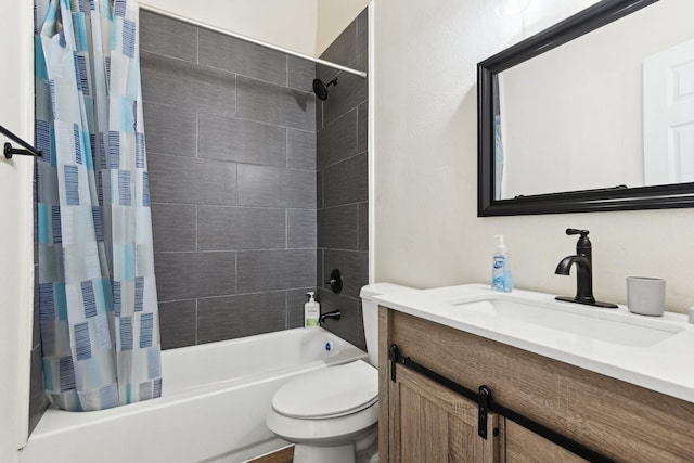 bathroom featuring vanity, toilet, and shower / tub combo with curtain