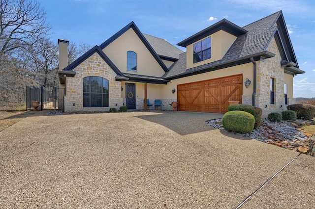 french provincial home with gravel driveway, stone siding, and stucco siding