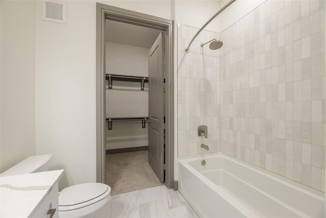 full bath with vanity, visible vents, toilet, marble finish floor, and shower / bathtub combination