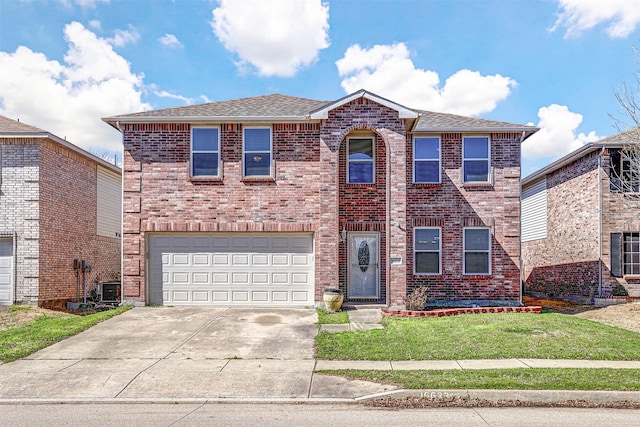 traditional-style house featuring an attached garage, central AC, concrete driveway, a front lawn, and brick siding