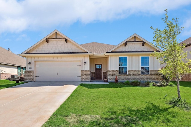 craftsman-style home featuring brick siding, board and batten siding, a front lawn, concrete driveway, and a garage