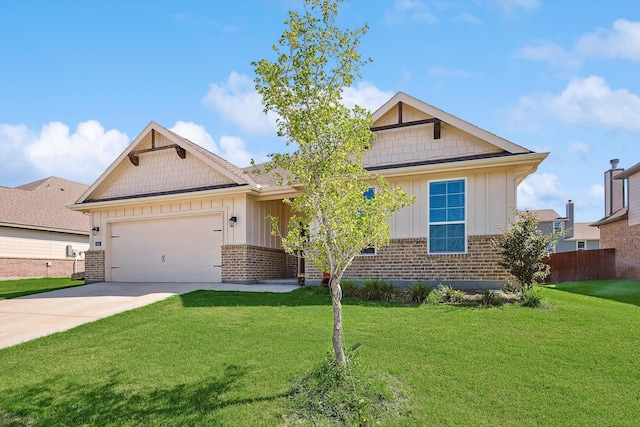 craftsman-style house with concrete driveway, brick siding, board and batten siding, and a front yard